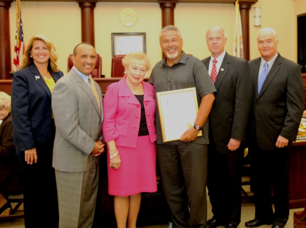 The Monmouth County Board of Chosen Freeholders present a proclamation to Fred J. Rummel, Chairman of the Monmouth County Board of Recreation Commissioners, recognizing July as Park & Recreation Month in Monmouth County. Pictured left to right: Freeholder Serena DiMaso, Freeholder Thomas A. Arnone, Freeholder Director Lillian G. Burry, Fred Rummel, Freeholder Deputy Director Gary J. Rich, Sr. and Freeholder John P. Curley.